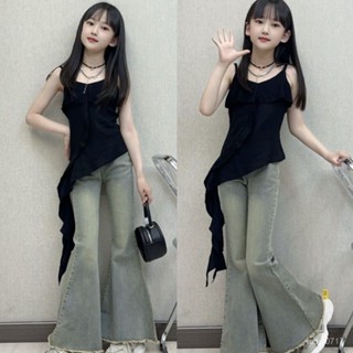 熱賣款最高品質💯 5-14歲 夏季女童套裝 兒童套裝 女童牛仔褲春夏套裝2025新款中大童洋氣韓版荷葉邊上衣春秋喇叭褲