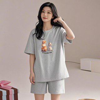 優貨 夏天貓貓印花睡衣女 家居服 睡衣 居家服 休閒服套裝 女短袖套裝 微胖套裝 大尺碼女裝 韓係女裝 夏日印花套裝