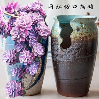桌上花瓶 花器 粗陶多肉植物紫砂陶瓷矮胖特大缺口陶罐小懸崖老 |adfi| 高切口 花瓶 花盆