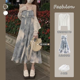 【桃園】吊帶洋裝 小外套+吊帶裙套裝 水墨印花長裙 過膝裙 夏季薄款套裝 顯瘦收腰裙子 加大尺碼女裝棉質