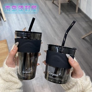 南島💖吸管杯 隨行咖啡杯 ins水杯 耐熱耐高溫 隨手杯 南極人北極光吸管玻璃杯便攜水杯子ins風水杯女生高