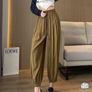 🧡QR大碼女裝🧡大尺碼長褲夏季長褲大尺碼休閒褲冰絲運動褲女夏季薄款高腰抽繩寬松顯瘦哈倫休閑九分束腳燈籠褲子