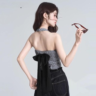 🟠ViVi SHOP🟠 小眾格子背心吊帶女夏季拚接蕾絲內搭性感掛脖辣妹上衣假兩件