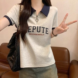 字母半拉鏈POLO衫 上衣 短袖衫 大碼女裝撞色POLO衫 夏季短袖上衣 寬鬆顯瘦上衣 韓係女裝 平價女裝 夏日女裝