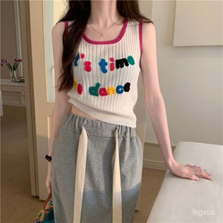 桃園發貨❥免運❥吊帶小背心女外穿夏新款洋氣字母刺繡無袖少女上衣針織打底衫/日韓背心/日韓背心