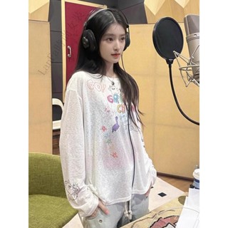 LanFa時尚女裝/長袖T恤 上衣女T恤 時尚韓版 寬鬆長袖 可愛手繪塗鴉防曬女夏季薄款韓系透氣寬鬆罩衫休閒上衣潮