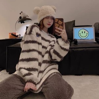(典藏私櫥)珊瑚絨睡衣女秋冬季加厚加絨 韓系條紋睡衣 長袖 長褲 毛絨睡衣 保暖冬天法蘭絨家居服 睡衣套裝 女生睡