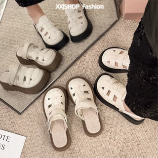 【XX|茜茜 SHOP】僊女風涼拖鞋 學院風涼拖鞋 時尚涼鞋 厚底涼拖鞋 夾腳拖鞋真皮半拖鞋 鏤空編織包頭兩穿涼拖鞋