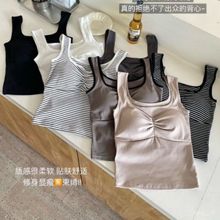 ⭐精選『吊帶背心』辣妹美背褶皺吊帶美背心女帶固定杯純棉質感內搭條紋可外穿上衣夏