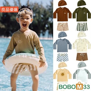 BOBM33❤3 件裝泳衣防曬現成滌綸泳衣男孩女孩長袖上衣+褲子+帽子套裝[BM011]