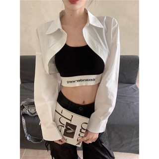 👚臺灣出貨👚【店鋪熱銷】白色長袖polo領襯衫夏季新款正肩設計感短款高腰小眾襯衣外套上衣