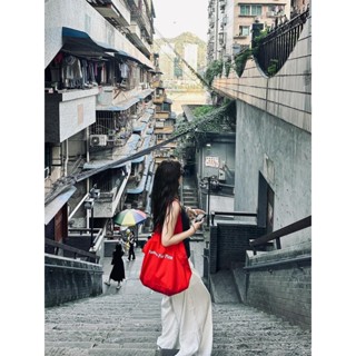 韓版包包ins紅色帆布包女2025新款大容量單肩包夏天慵懶風托特包 女生包包 小眾包包 斜揹包 8 手提包 側揹包 韓國