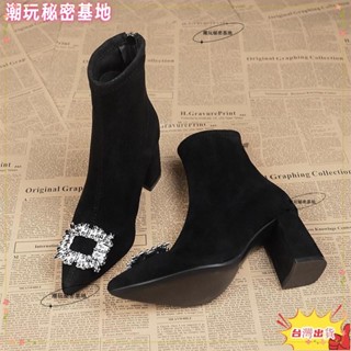 ❤ 臺灣熱銷❤高跟短靴 短靴 高跟靴 高跟女靴 女靴 尖頭靴橡膠後拉鍊中筒粗跟絨面