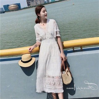臺灣出貨 白色洋裝 長洋裝 【 S~2XL】正韓連身裙 白色短袖洋裝 夏季中長款洋裝新款氣質v領蕾絲度假沙灘裙A字長裙5
