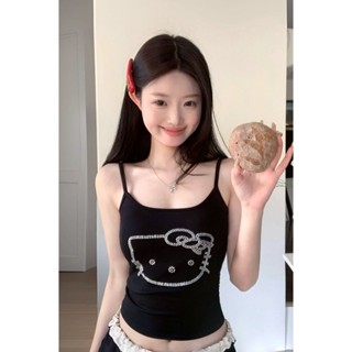 臺灣發貨背心 【2578人好評】卡通貓咪燙鉆黑色吊帶小背心女夏季美式辣妹無袖甜美修身顯瘦內衣