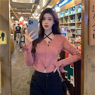 Luxi❤粉色甜辣妹短款T恤女早秋2024年韓係交叉綁帶設計長袖修身上衣ins