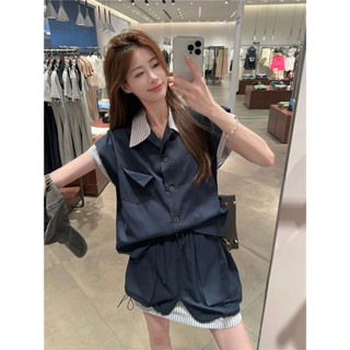 Luxi❤【44%迴購率】拚接撞色無袖馬甲襯衫上衣女夏季套裝工裝休閒a字半身短裙兩件套