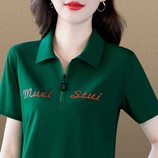 拉鏈翻領polo 衫 上衣 polo 衫 短袖衫 素色短袖上衣 字母顯瘦短袖衫 韓式短袖 韓國服飾 中年媽媽裝 歐美穿搭