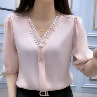 🌟美齡精品女裝🌟中年襯衫女裝薄款短袖百搭上衣夏季新款媽媽時尚純色蕾絲顯瘦小衫