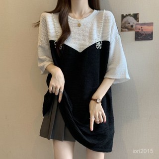 VOVA本鋪 撞色假兩件珍珠吊帶短袖T恤女夏季胖mm寬鬆遮肚顯瘦大碼女裝上衣