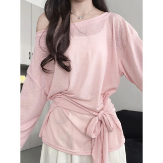 【小雅】夏季穿搭女 美拉德穿搭 涼感穿搭女 粉色綁帶慵懶罩衫女夏季新款寬松T恤薄款設計感微透防曬外穿上衣