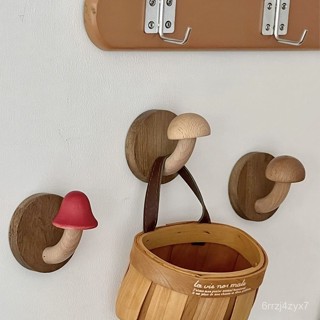 【免打孔貼上】北歐風創意木製蘑菇衣帽掛鈎 免打孔實木粘鈎ins風門後置物掛鈎 OXCV