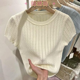 短袖t恤女夏季新款修身洋氣高階感針織衫圓領短款別致上衣ins 大尺碼T恤女 短袖上衣 氣質穿搭 設計感上衣 韓版上衣