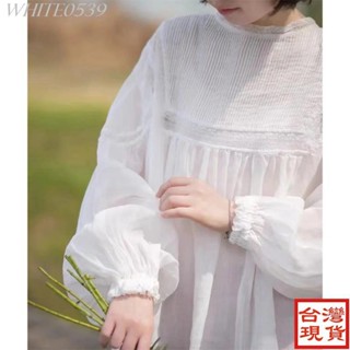 天喵の優選新品426❥日系復古甜美天然薴麻重工風琴褶蕾絲拼接襯衫長袖寬鬆休閒宮廷風上衣