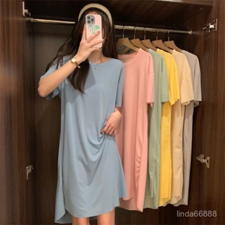 【朵朵生活居家必備】🌈🌈冰絲睡裙女夏季薄款純色寬鬆長款睡衣女士大碼甜美簡約短袖家居服