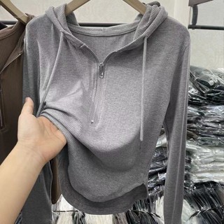 【四季服飾】複古半拉鏈連帽長袖上衣春秋季百搭修身顯瘦t恤女