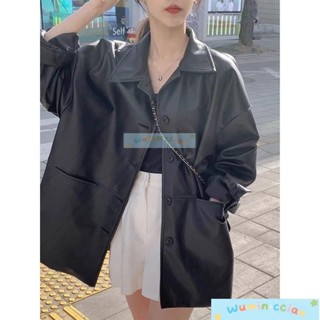夾克 皮衣 秋冬外套 仿皮夾克 韓國帥氣翻領單排扣皮衣外套女 秋季寬鬆百搭仿皮夾克上衣