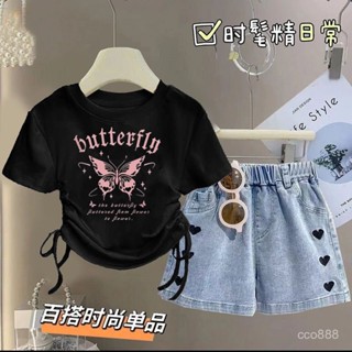 優選熱賣🌸女童夏裝牛仔套裝2025新款中大兒童洋氣女孩夏季短袖短褲兩件套潮 OCNF