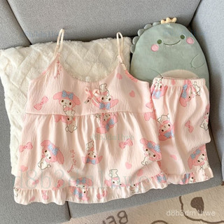 臺灣出貨🚚帶胸墊藍色小熊睡衣少女夏季薄款吊帶短褲可愛家居服 ins 家居服套裝 女生睡衣 睡衣套裝 居家服