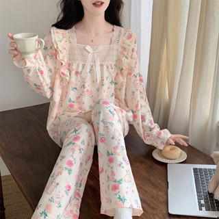 🌸精選熱賣🌸睡衣女春秋季甜美風方領長袖長褲套裝網紅ins宿舍寬松秋季家居服