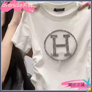 💫TZ桃園出貨+可開發票+可開發票💫純棉重工短袖T恤女夏季新款韓版圓領燙鑽落肩寬鬆休閒上衣潮💫TZ💫