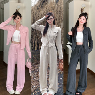 『50-95㎏可穿』胖MM女裝 L-4XL實拍春裝新款休閒立領拉鏈上衣鬆緊糯米闊腿褲運動套裝胖妹妹時尚休閒套裝