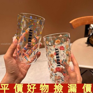 💛好物推薦💛法式少女紫茉玫瑰高硼矽耐熱玻璃杯家用水杯牛奶杯玻璃帶刻度微波爐可加熱家用早餐牛奶咖啡杯啤酒杯💛免運💛