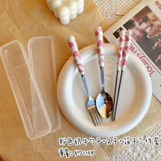 【臺灣出貨】餐具套裝 便攜式餐具 可愛ins勺子叉子筷子三件套高顏值兒童學生便攜餐具套裝帶收納盒刀叉筷子套裝 家用廚具