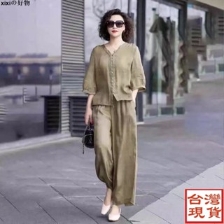 【超讚CP0524】2025夏季新款時尚棉麻套裝女減齡顯瘦襯衫簡約風上衣寬鬆闊腿長褲
