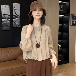 氣質夏裝 歐貨簡約上衣 時尚洋氣女裝 長袖圓領襯衫女 秋季新款寬鬆顯瘦襯衣 女生衣服 燈籠袖襯衣 遮肉短款上衣女