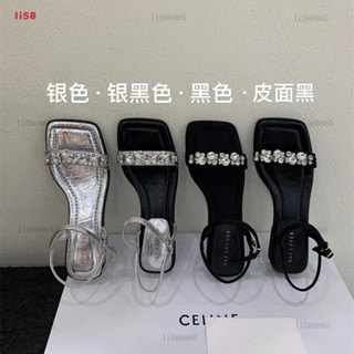 ⭐臺灣齣貨li58⭐韓版水鑽一字帶設計感涼拖鞋女2025夏季新款外穿中跟方頭粗跟涼鞋