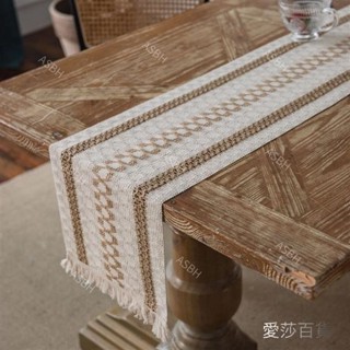 棉麻條紋拼接雙色編織流蘇桌旗 長桌布 棉麻桌布 方形桌旗 桌墊 桌巾 茶几布 北歐桌旗 簡約風桌旗 條紋桌布 野餐