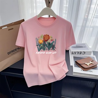 臺灣現貨100%純棉 鬱金香 油畫簡約短袖女T恤上衣短袖T印花夏季 短T 圓領  寬鬆休閒 寬鬆女上衣474A