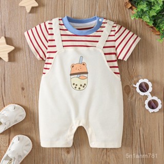 👶🏻新品熱銷🔥 寶寶連身衣 短袖連身衣 寶寶爬服 嬰兒新款連體衣夏季可愛小熊男女寶寶衣服假兩件條紋短袖爬服哈衣 5TDQ