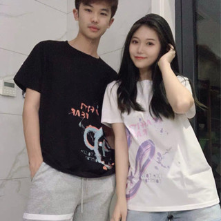 【臺灣出貨】 情侶套裝 度假衣服 情侶款 情侶衣 情侶裝夏季短袖T恤女新款寬鬆百搭上衣女白色圓領學生ins潮衣服男 LV