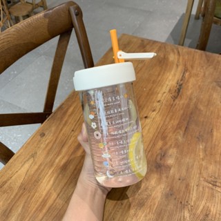 💖臺灣出貨 ins韓風可愛水杯 550ml水杯 透明隨行杯 大容量吸管水壺 玻璃吸管杯 隨身玻璃杯提醒喝水