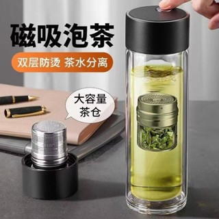 🔥賣場精選熱賣單品💦一鍵磁吸水杯茶水分離玻璃杯高硼矽加厚磁吸雙層泡茶杯印logo大容量不鏽鋼咖啡杯車載水杯男士女生高