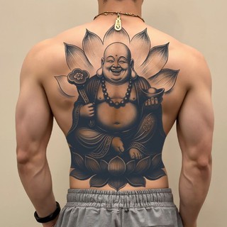 滿背紋身 蓮花彌勒佛大肚佛草本果汁滿背紋身貼 男防水持久不反光笑口常開 紋身貼紙