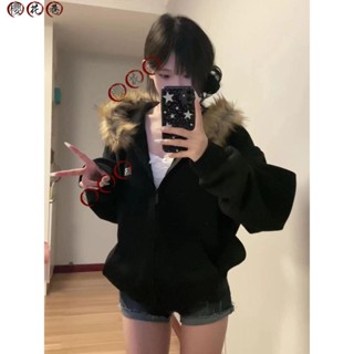 🌸櫻花巷內🌸臺灣出貨😘復古毛領 美式拉鍊開衫衛衣女韓系學生寬鬆慵懶風連帽外套ins 秋冬外套 開衫外套 毛領外套