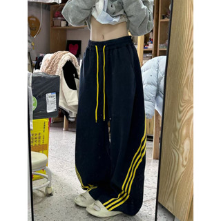 【Mylive】美式寬鬆條紋運動衛褲女春季新款簡約潮流高腰垂感百搭闊腿褲 休閒長褲 女褲